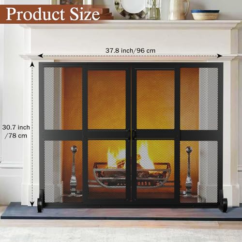 Fireplace Screen with Sliding Doors, 37.8" W x 30.7" H Handcrafted Wrought Iron Fire Spark Guard Fire Place Gate Protector for Living Room, Children and Pet Safety(Large)