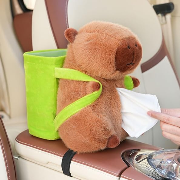 2-in-1 Car Tissue Holder & Trash Bin Organizer Cute Plush Bear/Rabbit/Capybara for Armrest Easy to Install Soft & Adorable (Bear)