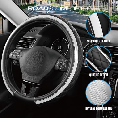 Road Comforts Leather Steering Wheel Cover – Black & Silver, Universal Fit 14.5-15 Inch, Microfiber Leather, Anti-Slip & Breathable Design for Men and Women - color: Silver