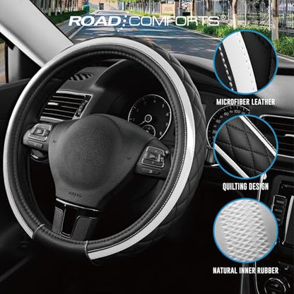 Road Comforts Leather Steering Wheel Cover – Black & Silver, Universal Fit 14.5-15 Inch, Microfiber Leather, Anti-Slip & Breathable Design for Men and Women - color: Silver