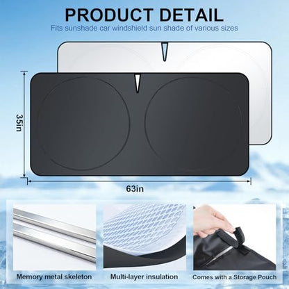 JUSTTOP 300T Car Windshield Sun Shade, Universal Foldable Reflective Sun Shade with Storage Bag, Car Interior Accessories, Fit for Cars Trucks SUVs(63" L x 35" W) - size: L
