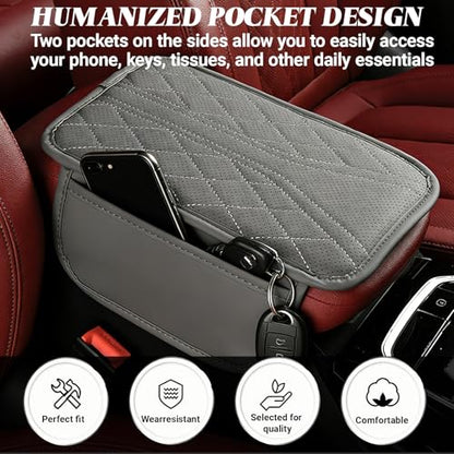 Upgraded Car Center Console Cover, Leather Auto Armrest Cover with 2 Storage Bags, Waterproof Center Console Protective Pad, Universal Cars Armrest Storage Box for Sedan, SUV, Truck (Gray) - color: Gray