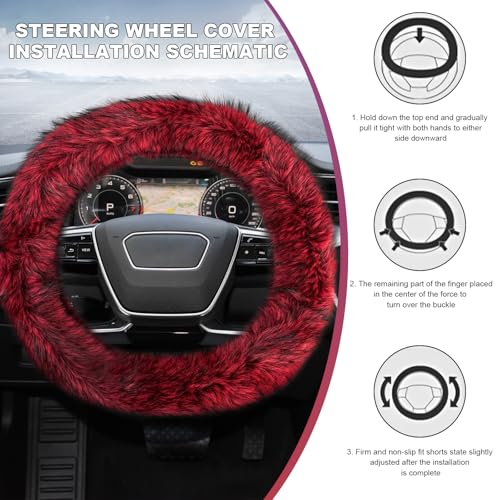 Fluffy Steering Wheel Cover, 15 Inch Anti-Slip Microfiber Plush Fuzzy Steering Wheel Cover, Winter Warm Elastic Fuzzy Steering Wheel Covers for Women and Men, Car Accessories (Red) - color: Red