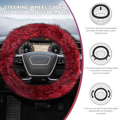 Fluffy Steering Wheel Cover, 15 Inch Anti-Slip Microfiber Plush Fuzzy Steering Wheel Cover, Winter Warm Elastic Fuzzy Steering Wheel Covers for Women and Men, Car Accessories (Red) - color: Red