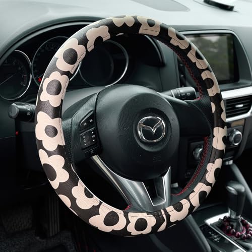 Microfiber Leather Steering Wheel Cover 14.5-15 inch, Black Floral Design, Anti-Slip Rubber Inner, Universal Fit for Cars, Trucks, SUVs (Black) - color: Black