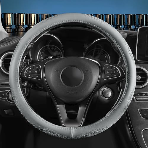 Gray Cowhide Steering Wheel Covers Genuine Leather Car Steering Wheel Cover Universal 15inch / Size M Wheel Cover for Car SUV Truck (C-Gray-M) - color: C-Gray-M, size: M-15inch
