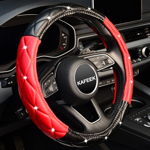 Diamond Soft Leather Steering Wheel Cover with Bling Bling Crystal Rhinestones, Universal 15 inch, Black Red - color: Black and Red, size: Medium(Standard) Size[14.5"-15"]