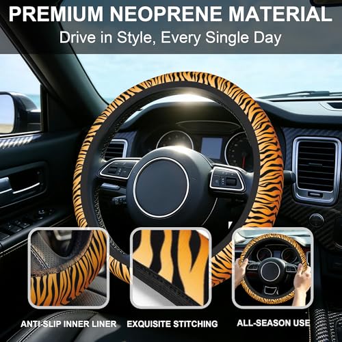 Tiger Stripes Steering Wheel Cover with 2 PCS Cup Coasters for Car,Animal Skin 15 Inch Non-Slip Neoprene Steering Wheel Covers,Breathable Car Accessories Fit for Men Women - color: Tiger Stripes