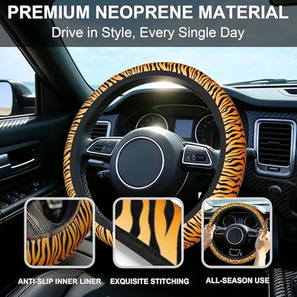 Tiger Stripes Steering Wheel Cover with 2 PCS Cup Coasters for Car,Animal Skin 15 Inch Non-Slip Neoprene Steering Wheel Covers,Breathable Car Accessories Fit for Men Women - color: Tiger Stripes