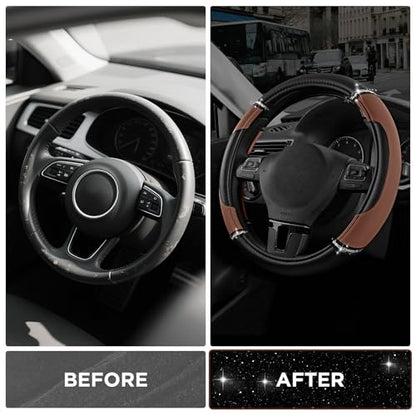 Road Comforts Leather Steering Wheel Cover - Made with PVC Leather - Anti-Slip Steering Wheel Cover Universal Fit Most 14 1/2 inches to 15 inches - Brown Color - color: Brown