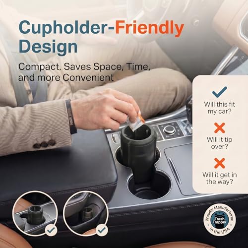 Trash Trapper Car Trash Can Cup Holder | Mini Car Trash Can | Fits in Most Doors | 5.1" x 2.9" | Traps More & Empties Less, Patent-Pending Compaction, Gifts for Men, Black/Grey