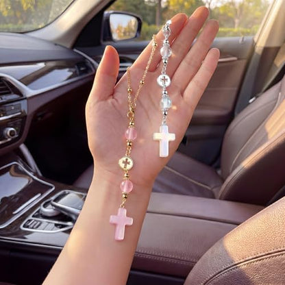 2 Pcs Cross Car Hanging Charms Cute Healing Stone Rear View Mirror Accessories Boho Handmade Sun Catcher Ornament Decor Crystal Protection Gift for Women