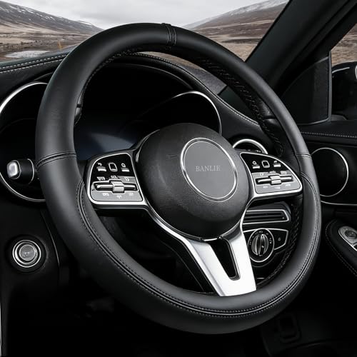 Nappa Leather Steering Wheel Cover, Universal 14.5–15 Inch Non-Slip Breathable Steering Wheel Cover for Car Interior Accessories, Black - color: Black