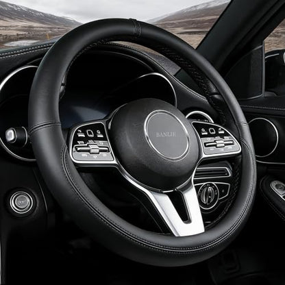 Nappa Leather Steering Wheel Cover, Universal 14.5–15 Inch Non-Slip Breathable Steering Wheel Cover for Car Interior Accessories, Black - color: Black