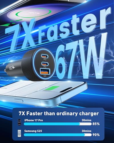 Car Charger USB C, 3-Port 67W Dual USB-C & USB-A Car Phone Charger Accessories Power Adapter Fast Charging Cigarette Lighter for iPhone 17/16/15/14/13/12/11 Pro Max, iPad, Galaxy S26/S25/S24, Android