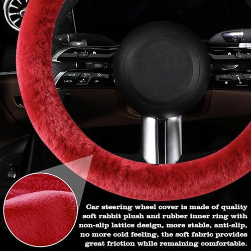 Furry Warm Steering Wheel Cover, Universal 14.5-15 Inch Winter Plush Warm Steering Wheel Cover, Soft Fluffy, Anti-Slip Design, Soft Texture (Red) - color: Red Plush