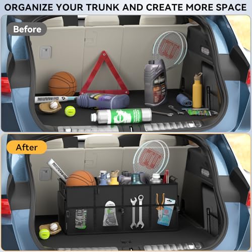 Car Trunk Organizer for SUV 60L Backseat Car Organizer Back Seat Large Storage Trunk Compartment Collapsible Car Caddy Heavy Duty Truck Storage Bin w/6 Pockets Adjustable Straps Cargo Van Jeep Sedan