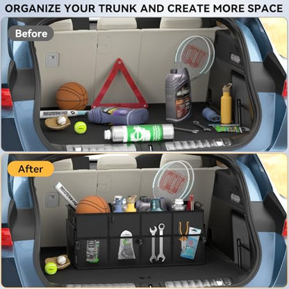 Car Trunk Organizer for SUV 60L Backseat Car Organizer Back Seat Large Storage Trunk Compartment Collapsible Car Caddy Heavy Duty Truck Storage Bin w/6 Pockets Adjustable Straps Cargo Van Jeep Sedan