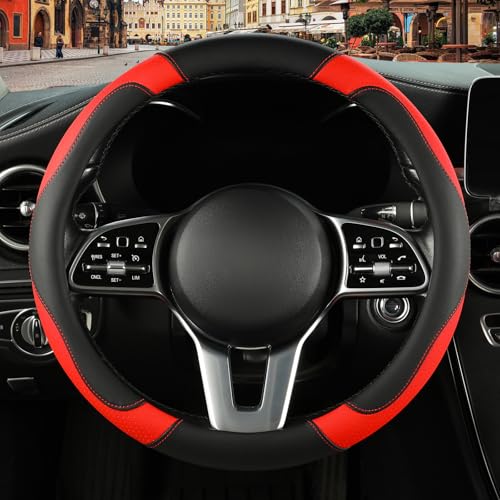 Microfibre Leather Auto Car Steering Wheel Cover,Anti Slip 15 Inch,Black and Red - color: Black Red, size: Round-Middle[14.5''-15'']