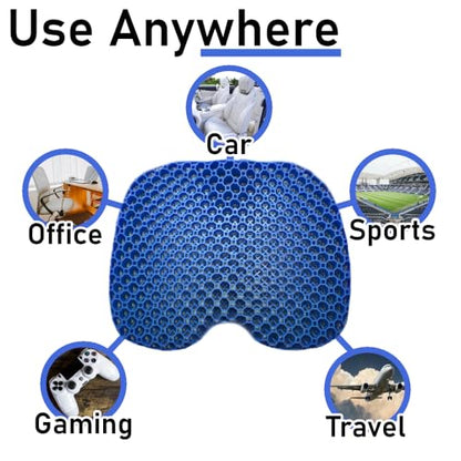 Blue Gel TPU Seat Cushion — Large Contoured Honeycomb Cooling Gel Cushion for Long Sitting, Pressure Relief for Tailbone & Sciatica, Non-Slip Washable Cover — 18.89 x 14.96 in - size: Large