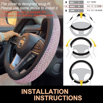 D Shaped Bling Comfy Steering Wheel Cover with Jumbo Crystal Rhinestones, Anti-Slip Diamond Leather, Flat Bottom 14.5-15 Inch (Pink) - color: 2.Pink, size: D Shaped/Flat Bottom[14 1/2''-15'']