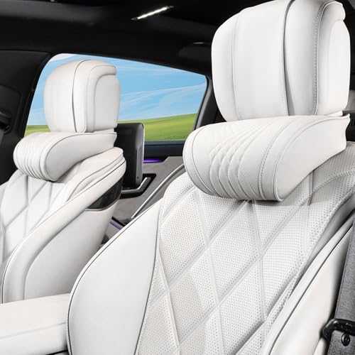 Car Headrest Memory Foam Neck Pillow for Driving with Leather Cover Soft Comfortable Seat Head Pillow Cushion for Most Cars SUV Sedan Home Office Off-White (Beige) (2PC) - color: Off-white, size: Headrest 2 Pack