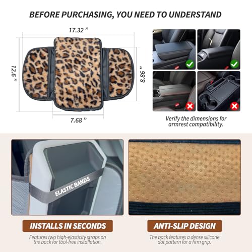 Plush Leopard Print Car Center Console Cover with Side Pockets, Fluffy Armrest Cushion Pad,Soft Cheetah Car Interior Decorations Accessories with Storage for Women,Universal Fit for Vehicles SUV Truck