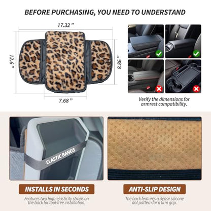 Plush Leopard Print Car Center Console Cover with Side Pockets, Fluffy Armrest Cushion Pad,Soft Cheetah Car Interior Decorations Accessories with Storage for Women,Universal Fit for Vehicles SUV Truck