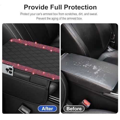 NBTEPEM Bling Car Center Console Cover, Leather Car Arm Rest Cover Cushion with 2 Storage Bags, Universal Automotive Armrest Protector Storage Box, Bling Accessories Interior for Most Vehicles (Red)