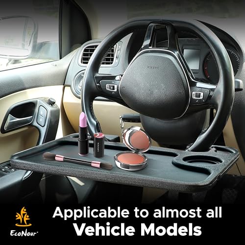 EcoNour 2 in 1 Car Steering Wheel Desk | Tray for Laptop Car Mount with Pen Holder | Desk Console for Car | Food Tray for Eating with Drinks Holder | Multipurpose Travel Car Accessories - size: Medium-Black