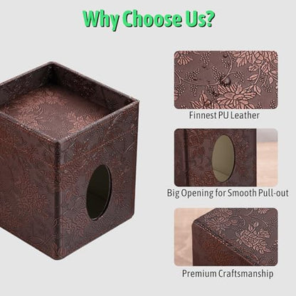 Tissue Box Cover, PU Leather Square Tissue Box Holder with Upper Storage Tray for Bathroom/Countertop/Nightstand/Office Table - Antique