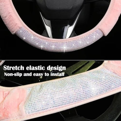 Bling Fluffy Steering Wheel Cover for Women Girls, Rhinestone Diamond Sparkling Fur Steering Wheel Protector Elastic Steering Wheel Covers Winter Warm Universal Fit 14-15 inches - Pink - color: Pink