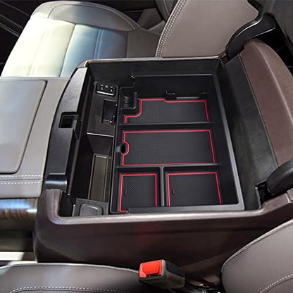 Full coverage Center Console Organizer Compatible with 2014-2018 GMC Sierra 1500 /Chevy Silverado 1500 Accessories 2015-2020 Yukon XL/Tahoe Suburban Insert Armrest Storage ABS Plastic, Red - color: red