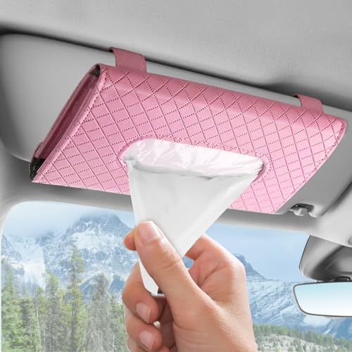 Wuyaoyao Car Tissue Holder, Auto Sun Visor Napkin Holder Mask Holder, Premium PU Leather Car Tissue Holder Visor Tissue Dispenser, Universal Sun Visor Tissue Box for Most Vehicle (Plaid-Pink) - color: Plaid-pink
