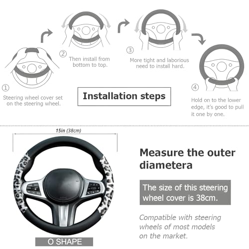 White Leopard Steering Wheel Cover Auto Leather Steering Wheel Protector, Anti-Slip, Breathable, Absorbing Sweat, Universal Leopard Car Accessories 14.5–15 inch,Fit for Most Car, Trucks, SUV - style: White Leopard