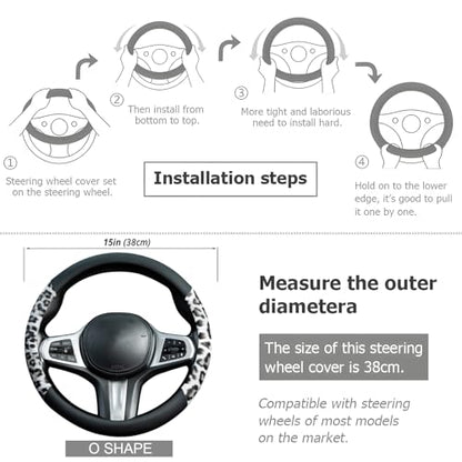 White Leopard Steering Wheel Cover Auto Leather Steering Wheel Protector, Anti-Slip, Breathable, Absorbing Sweat, Universal Leopard Car Accessories 14.5–15 inch,Fit for Most Car, Trucks, SUV - style: White Leopard