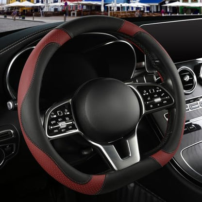 Microfiber Leather D Shaped Steering Wheel Cover, Breathable, Anti Slip, 13.5 inch to 14 inch, Black with Burgundy - color: Black Burgundy, size: D Shape-Small[13.5''-14'']
