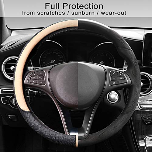 Breathable Car Steering Wheel Cover 15 inch Auto Universal Leather Wrap Non-Slip Steeringwheel Protector Automotive Interior Accessories, Beige (Suit for 14 1/2-15 inch) - color: A-Beige, size: M (14.5"-15")