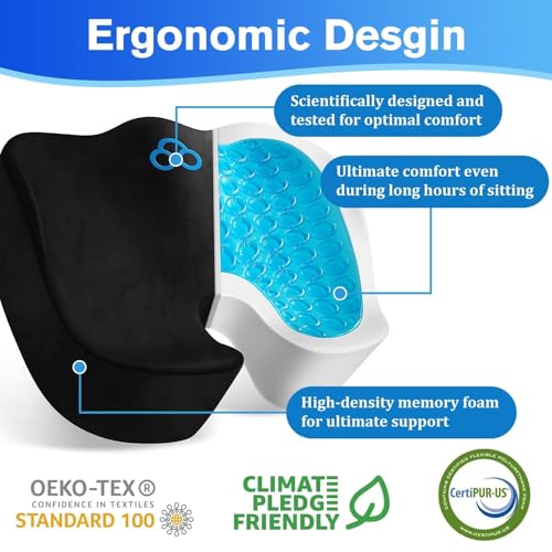 Seat Cushion, Gel Chair Cushions, Office Chair Cushions, Anti-Slip Bottom & Removable Cover Tailbone Pain Relief Cushion, Memory Foam Seat Cushion for Office, Wheelchair, Car (Black)