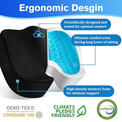 Seat Cushion, Gel Chair Cushions, Office Chair Cushions, Anti-Slip Bottom & Removable Cover Tailbone Pain Relief Cushion, Memory Foam Seat Cushion for Office, Wheelchair, Car (Black)