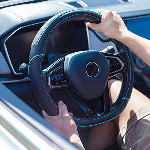 Car Pass Colour Piping Leather Universal Fit Steering Wheel Cover,Perfectly fit for 14.5-15 inches for Various Vehicles SUVs,Vans,Sedans,Cars (Black & Mint) - color: Black and Mint