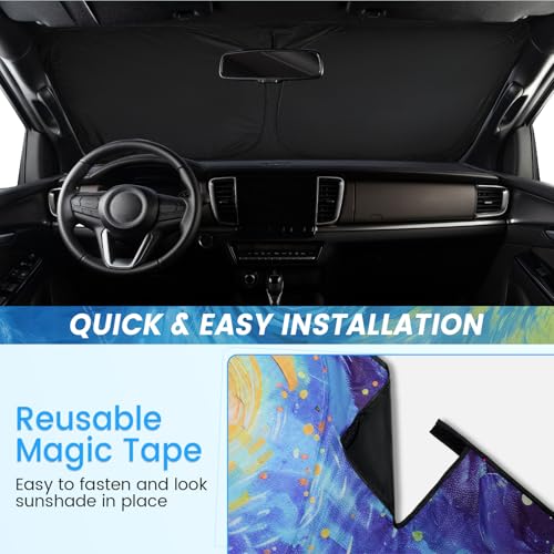 Foldable Windshield Sun Shade for Car – 240T Reflective UV and Heat Shield with Storage Bag | Keeps Interior Cool - color: Mountain Scenery & Starry Sky