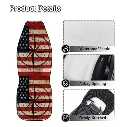 Front Car Seat Covers, American Flag Compass Print Comfortable Breathable Car Front Seat Cover Waterproof, Universal Auto Seat Cover Compatible with Airbag, Easy to Install, Set of 2 - color: American Flag Compass - Red and Beige