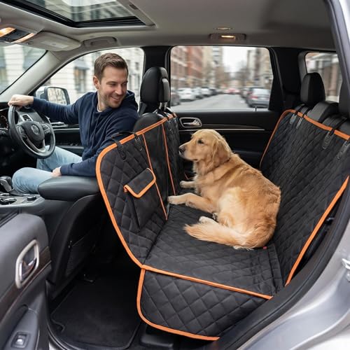 Dog Car Seat Cover with Side Flaps - TG2038 600D Heavy Duty Waterproof Hammock - Scratch-Proof Nonslip Pet Back Seat Protector for Cars, Trucks, SUVs, Black/Orange