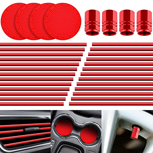 Frienda 28 Pcs Car Interior Accessories Including 20 Pcs Car Air Conditioner Decoration Strip 4 Non Slip Silicone Car Cup Coaster 4 Car Tire Valve Stem Caps for Most Cars SUVs Trucks(Red)