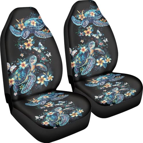 Car Seat Cover Set of 2 Car Seat Covers,Breathable Soft Bucket Seats High Back Seats Protector Cushion Universal Fit Most Vehicle Interior Set(Blue Sea Turtle with Fresh Flowers 51) - color: Blue Sea Turtle with Fresh Flowers 51