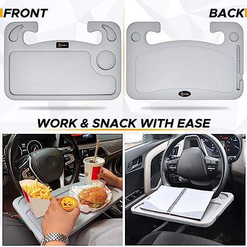 EcoNour 2 in 1 Car Steering Wheel Tray (Grey) | Multipurpose Car Steering Wheel Desk for Laptop and Food | Car Tray for Eating | Steering Wheel Accessories - size: Medium-Grey