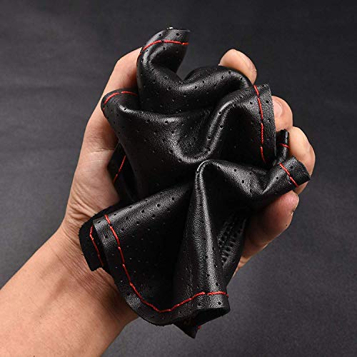 Universal Car Steering Wheel Cover with Top Genuine Leather, Anti-Slip Design and Soft Padding, Stitching Style (Black Leather with red Thread) - color: the red thread