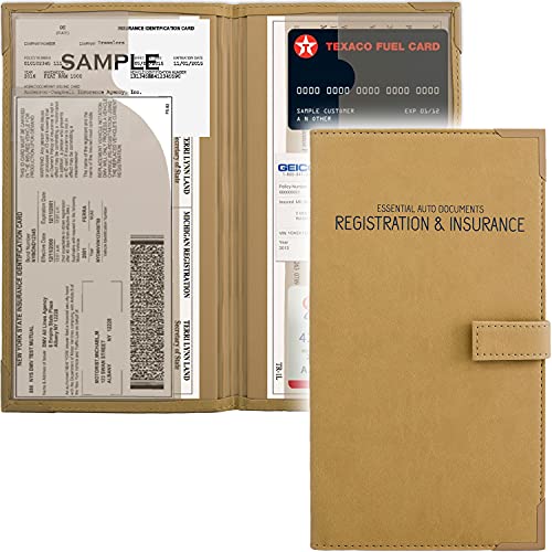 Auto Insurance and Registration Card Holder - Vehicle Glove Box Document Organizer - Car Essential Paperwork Holder for DMV, AAA, Contact Information Cards - Premium PU Leather Wallet Case - Beige - color: Beige