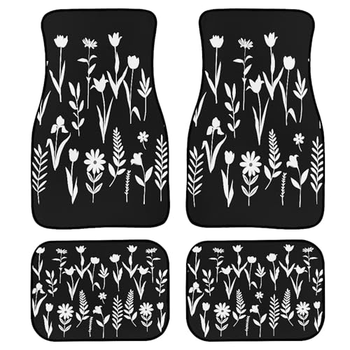 Forest and Garden Field Flower Floor Mats for Cars Universal Botanical Black White Minimalist Floral Silhouette Car Floor Mats Set Front Rear Foot Carpet Rugs Auto Accessories for Trucks - color: White Black